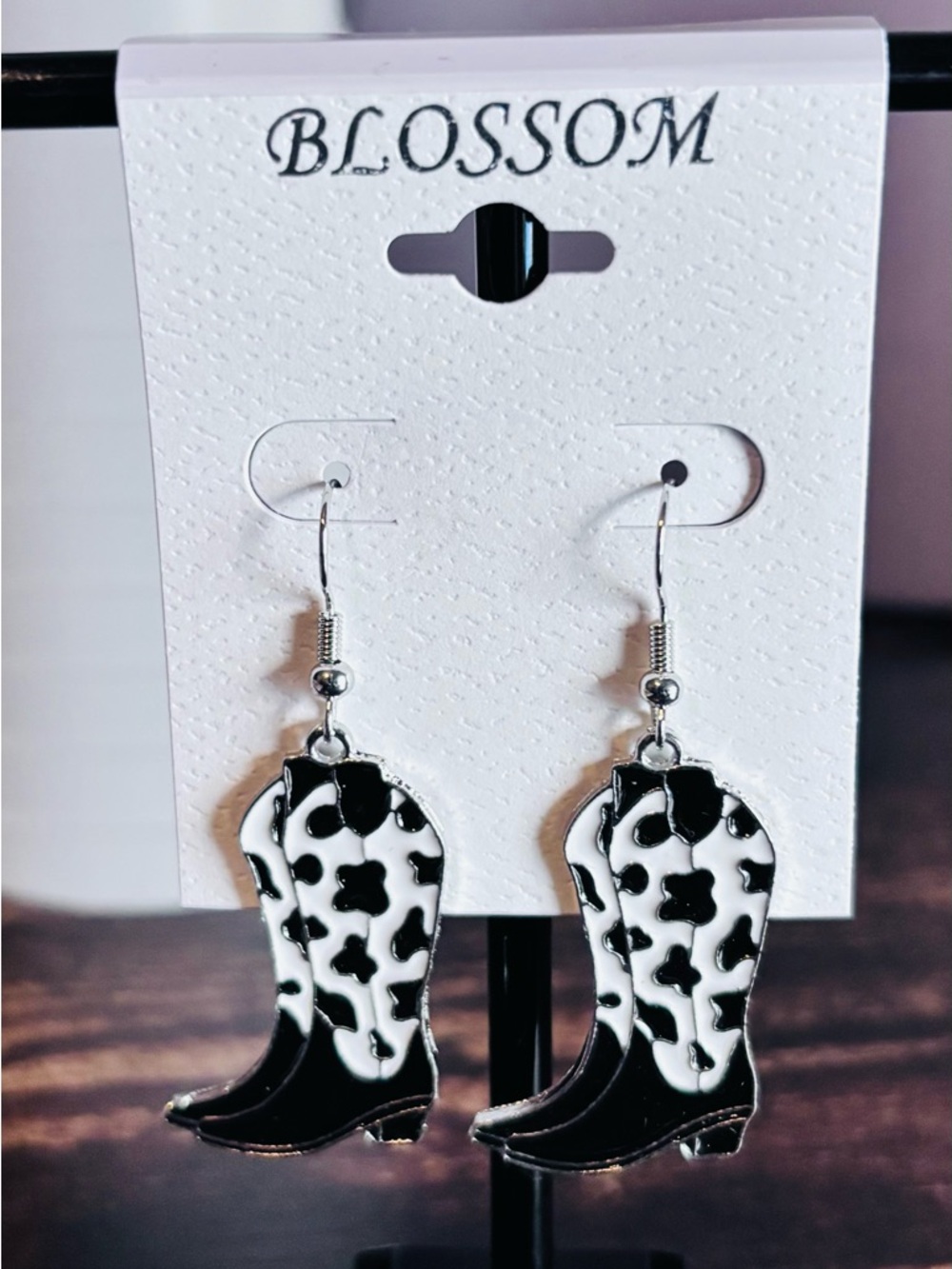 Cow Print Cowboy Boot Dangle Earrings - Black & White